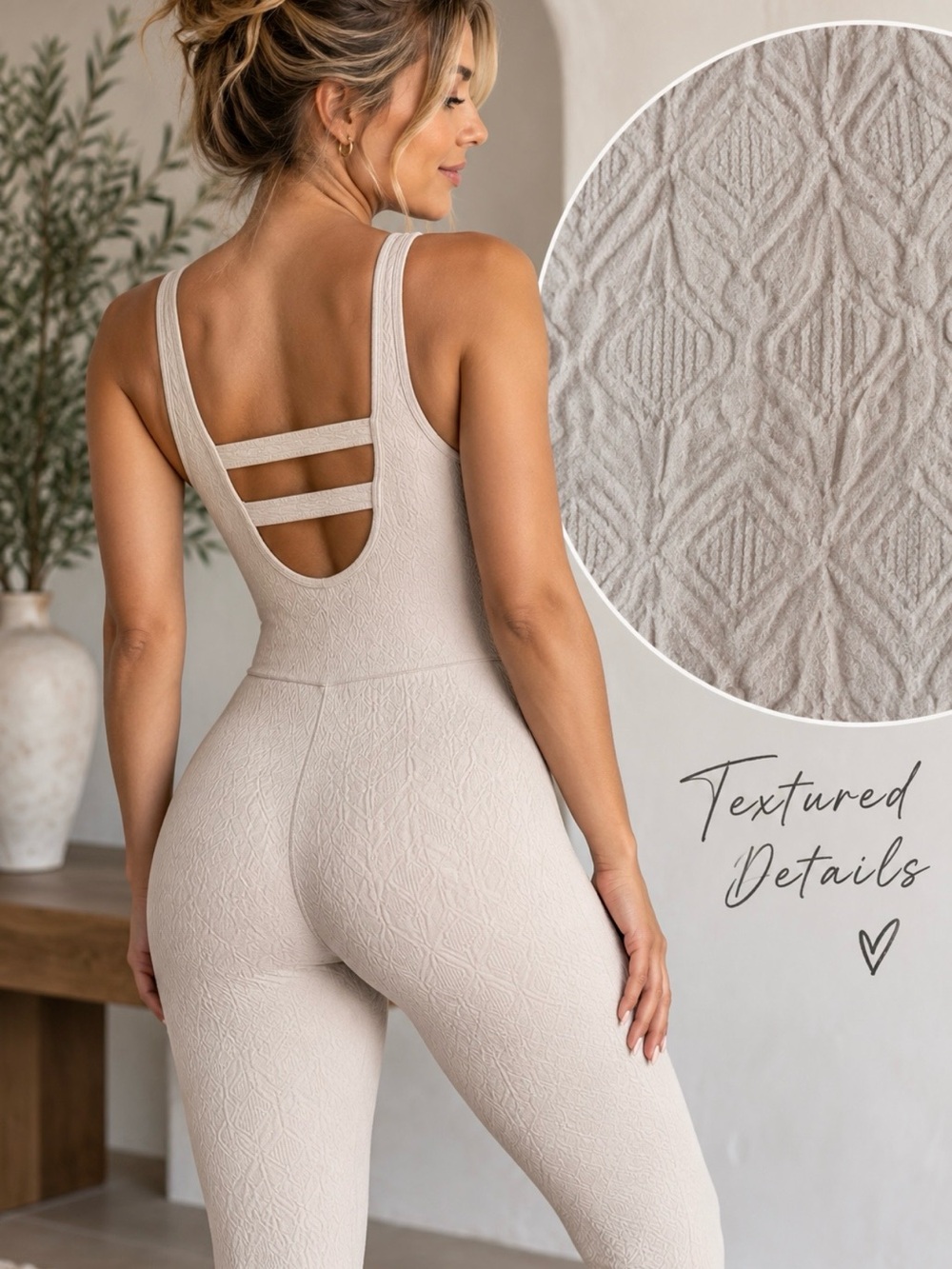 Textured Scoop-Back Jumpsuit in Light Beige